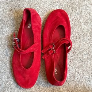 Zara Bright Red Suede Double-Buckle Mary Jane Flats